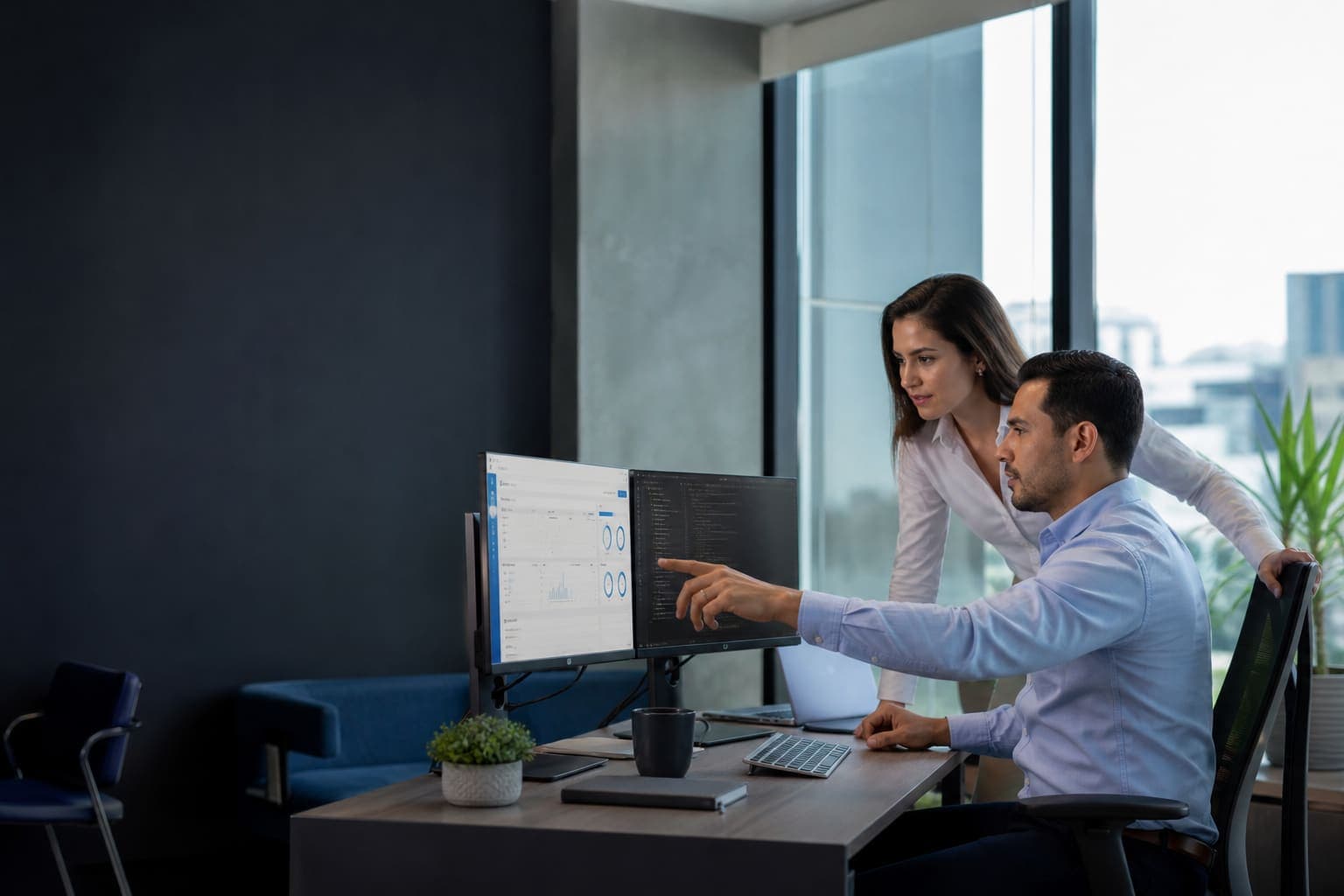 Profesionales colaborando con software empresarial en un entorno tecnológico