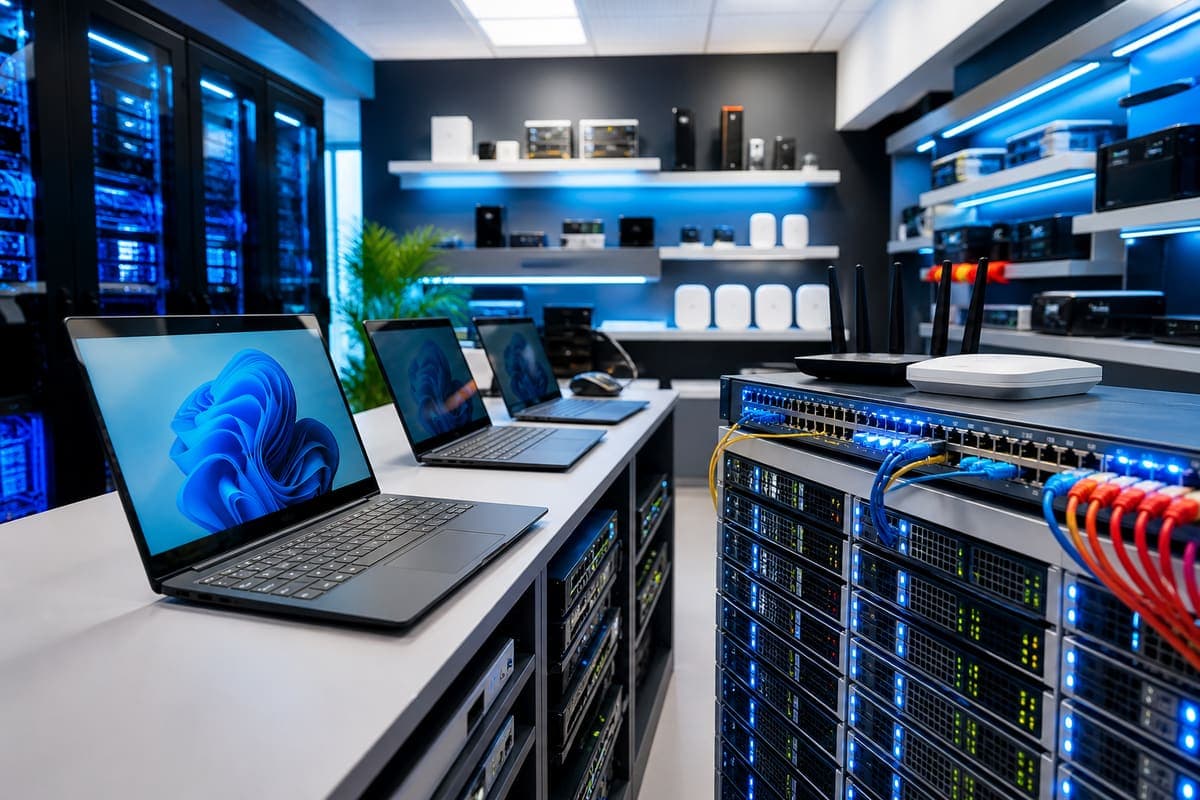 Equipamiento tecnológico empresarial: laptops, servidores y networking